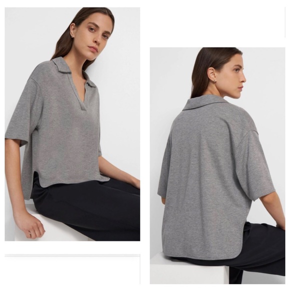 Theory Women's Cropped Polo Shirt in Grey Size S - Picture 4 of 10
